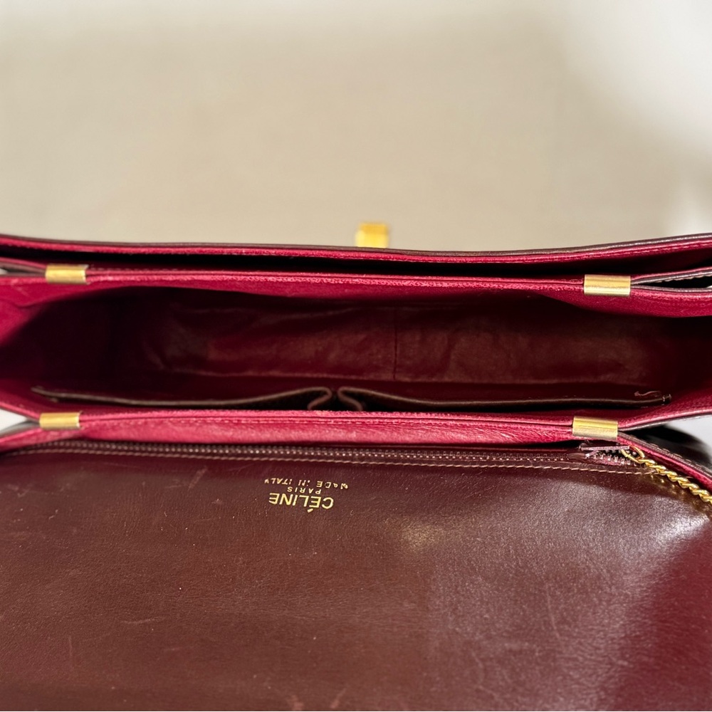 Vintage Celine Paris Burgundy Box Leather Shoulder Bag Gold Turn Lock - Picture 10 of 13
